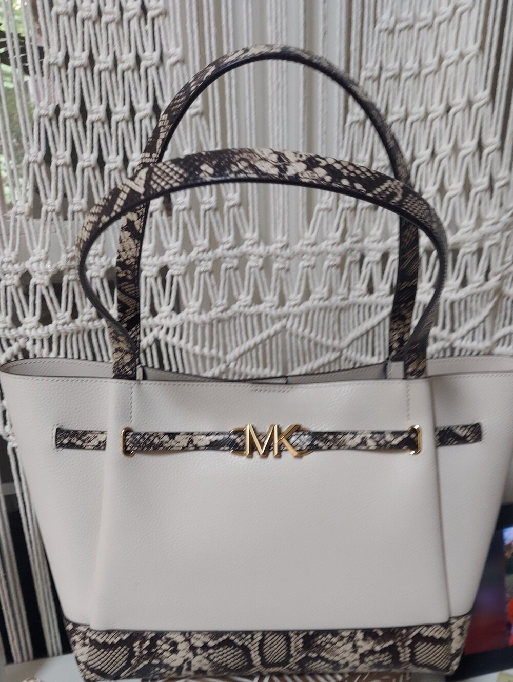 Michael Kors White Leather Tote with Snake-Print Trim